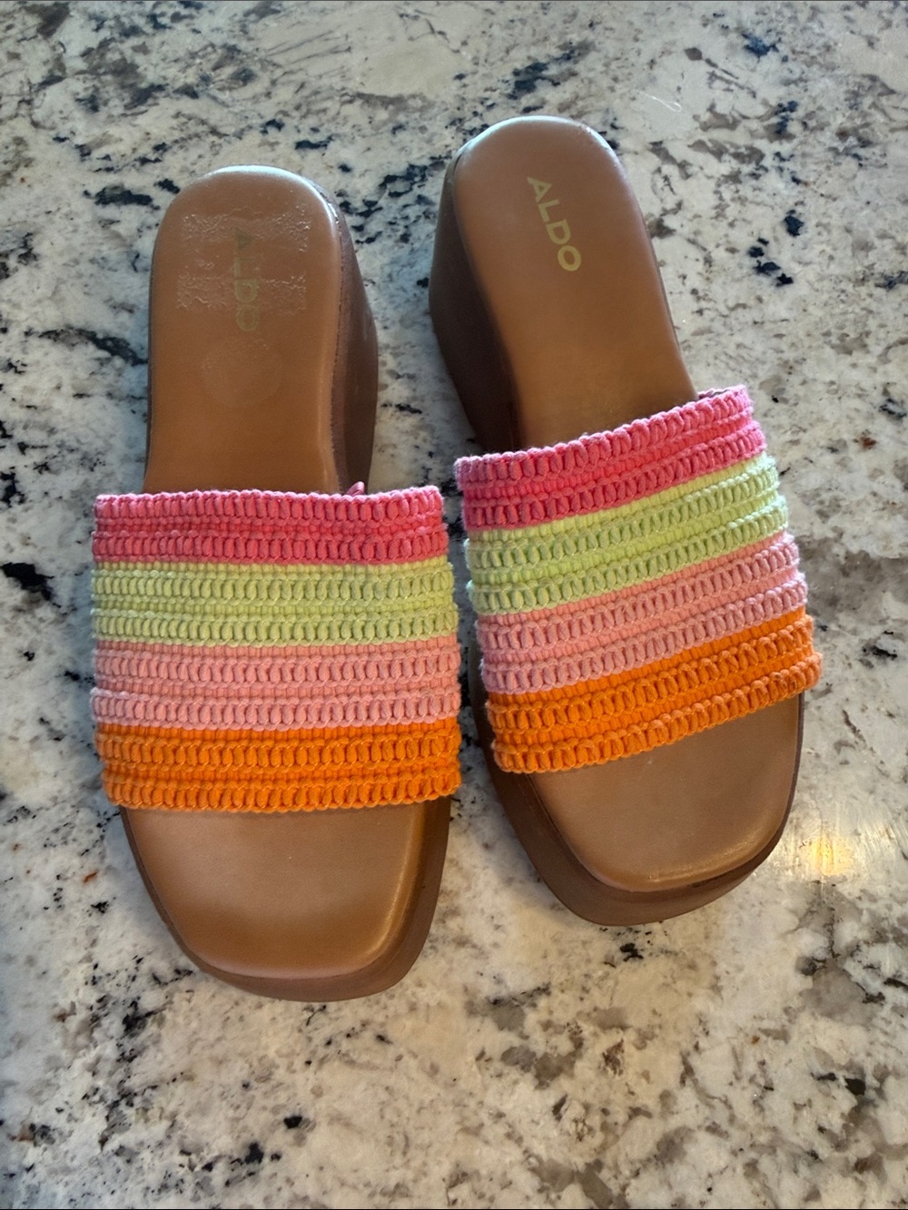 ALDO Brown Slide Mules with Pink, Green, Peach & Orange Crochet Straps